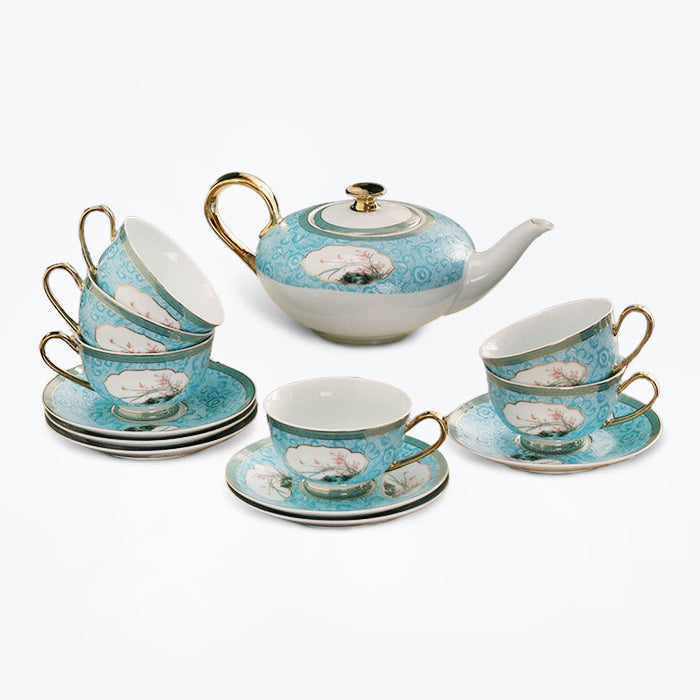 Blue Enamel Flower Pattern Tea Set