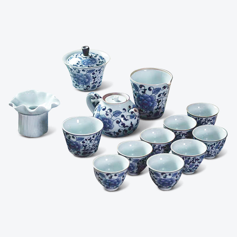 Classic Lotus Blue and White Porcelain Tea Set