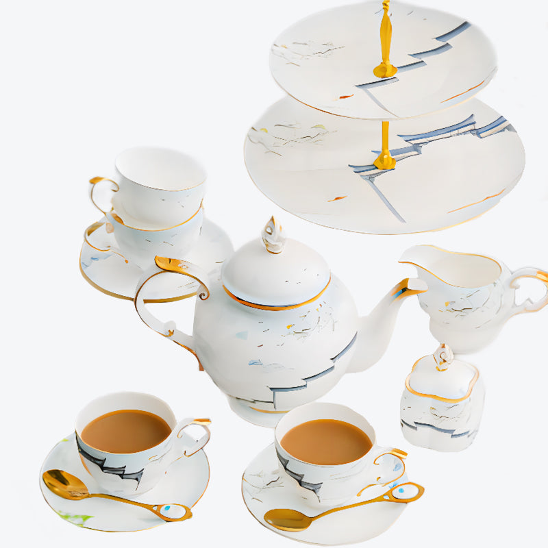 Building With Lake Bone China Tea Set