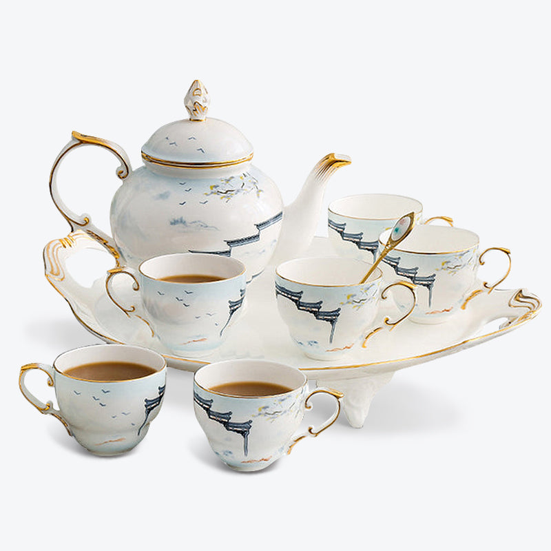 Building With Lake Bone China Tea Set
