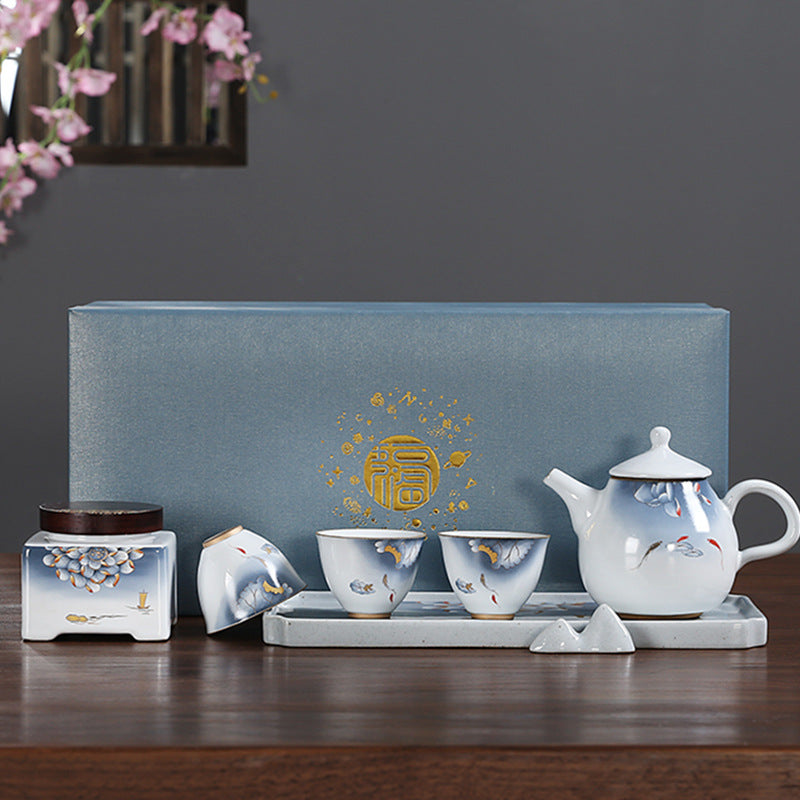 Blue Lotus Ceramic Tea Set With Tea Canister