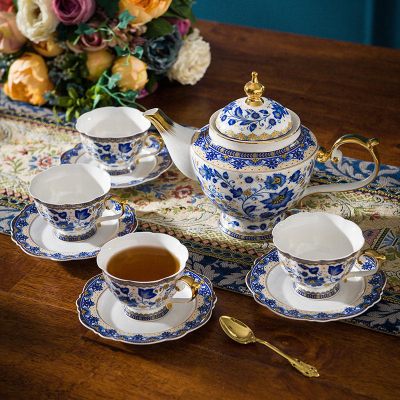 Blue And White Floral Bone China Coffee & Tea Set