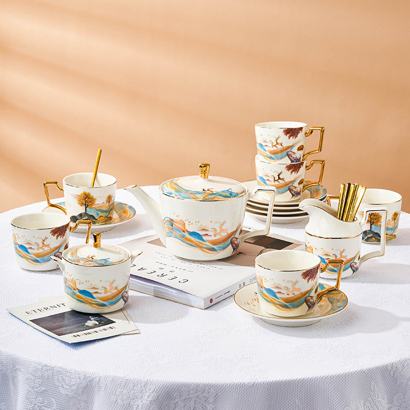 Goden Deer And Ink Landscape Tea Set