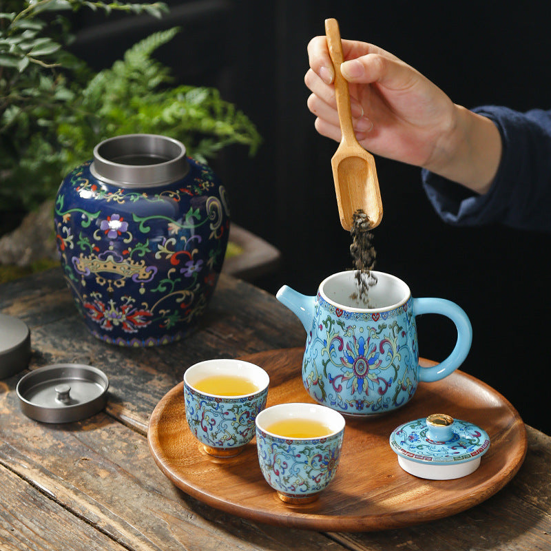 Blue Royal Enamel Ceramic Tea Sets With Caddy