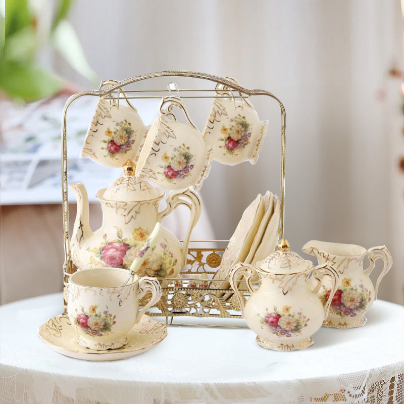 European Rose Ivory Porcelain Coffee Set