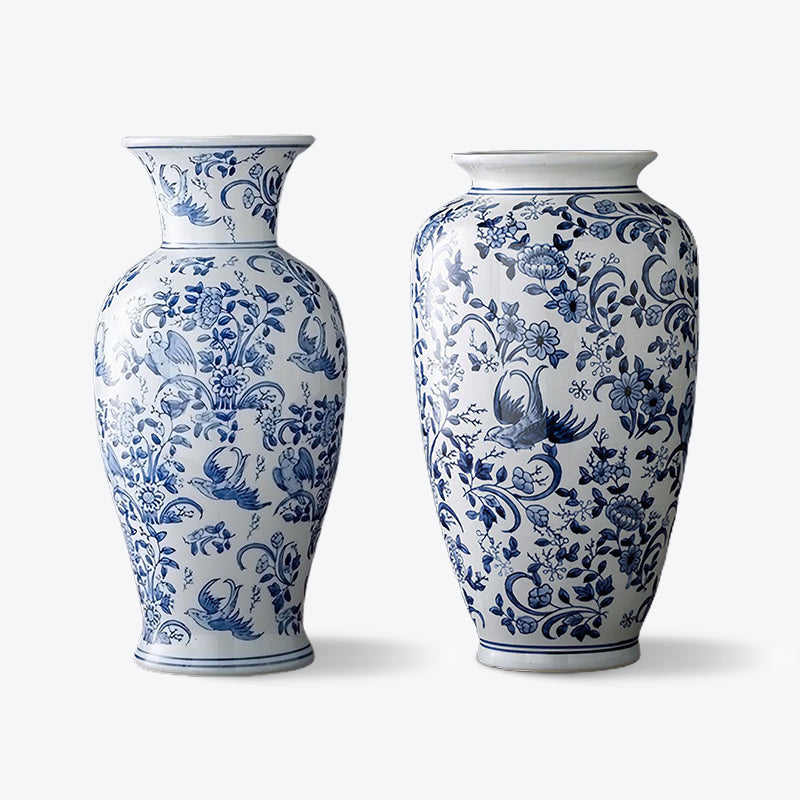 Chinoiserie Floral Blue and White Porcelain Vase