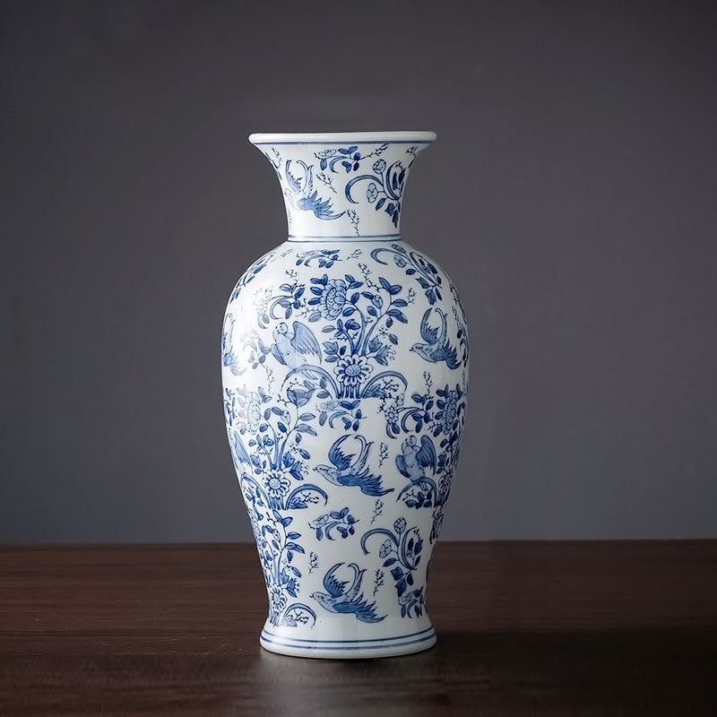 Chinoiserie Floral Blue and White Porcelain Vase