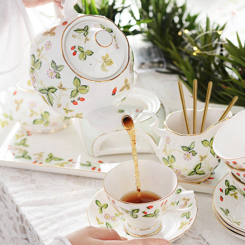 Strawberries and Leaves Bone China Tea Set