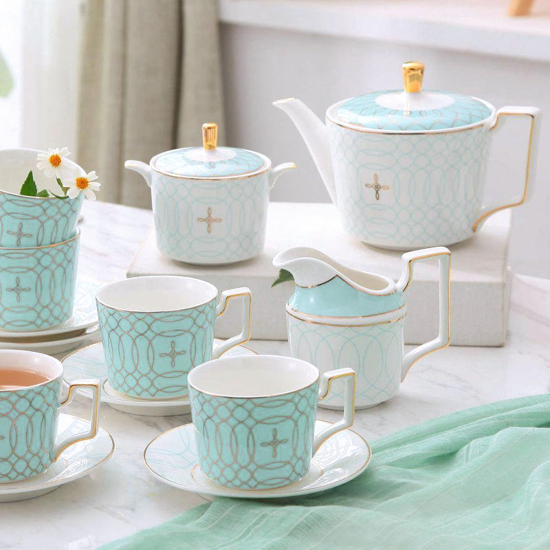 Light Blue Plaid Gold Trim Ceramic Tea Set