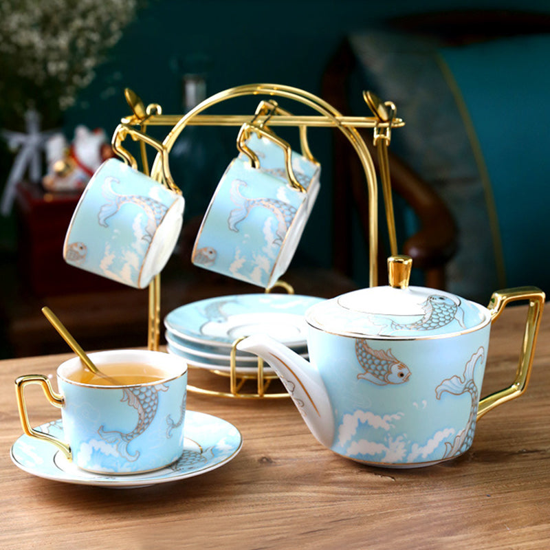Carp Pattern Gold Trim Frosted Ceramic Tea Set