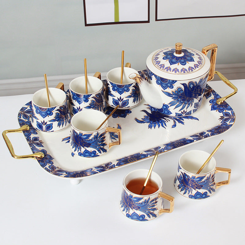 Blue Phoenix and Flower Gold Trim Ceramic Tea Set