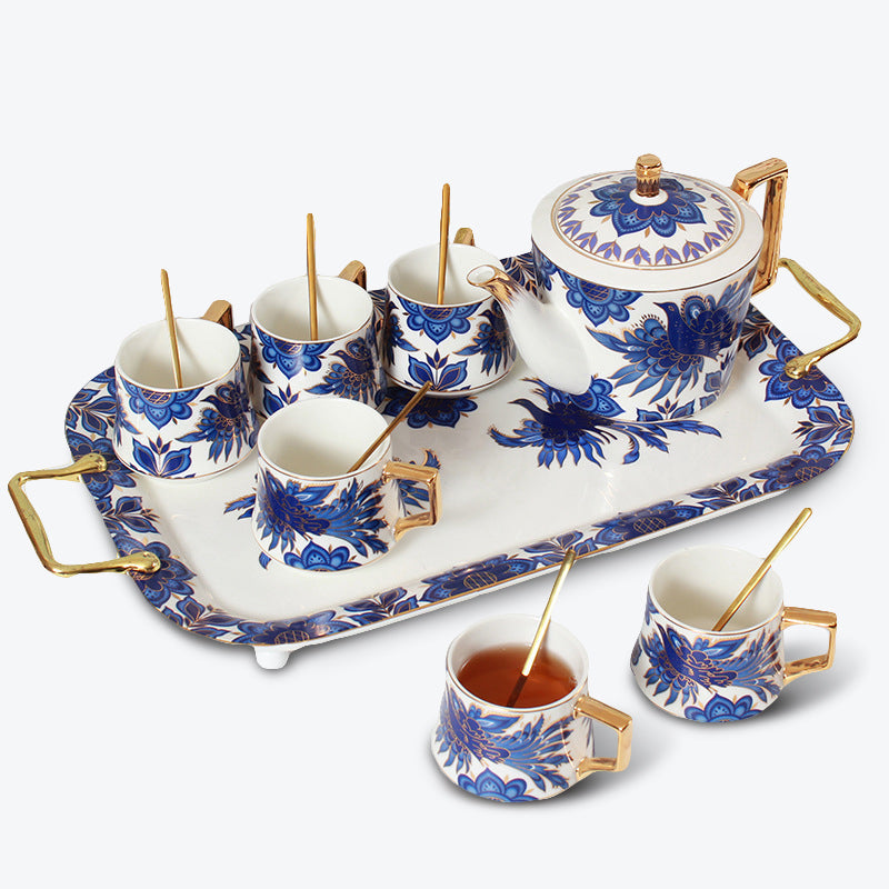 Blue Phoenix and Flower Gold Trim Ceramic Tea Set