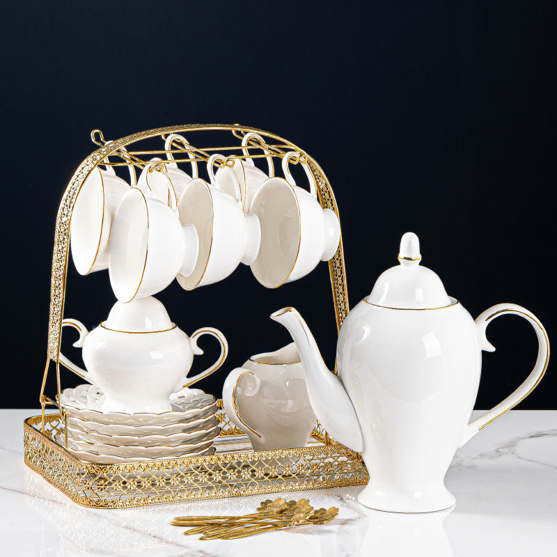 Modern White Bone China Gold Trim Ceramic Tea Set