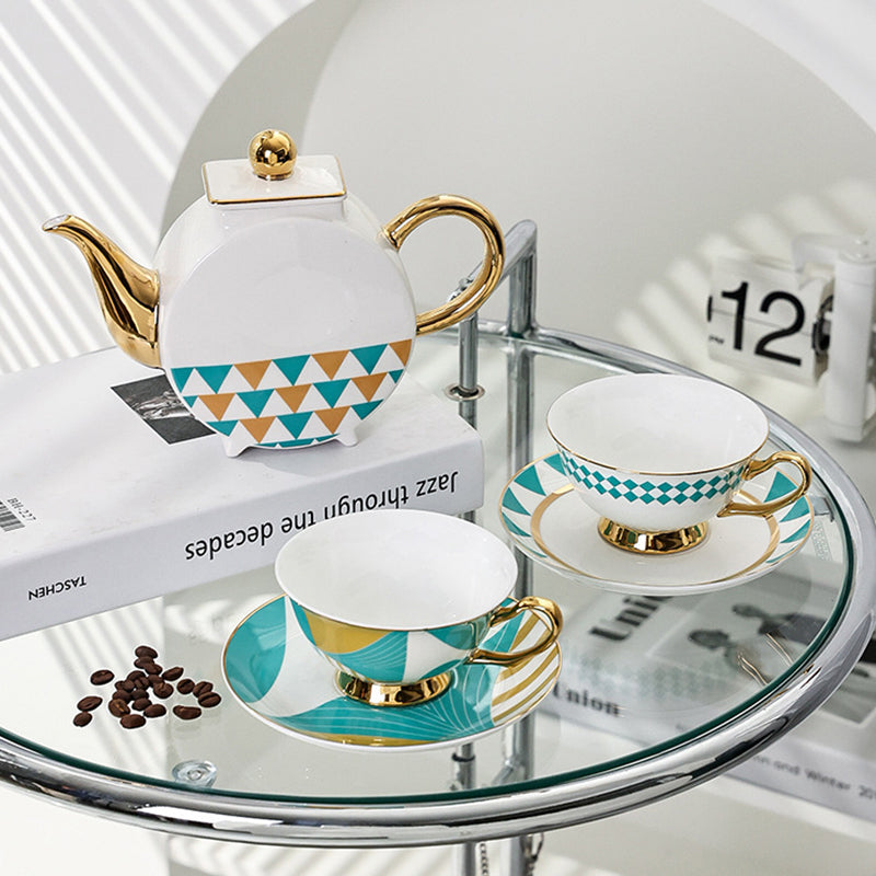 Modern Geometric Gold Trim Ceramic Tea Set