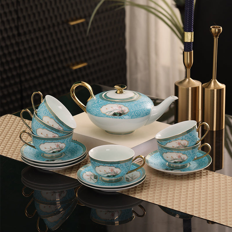 Blue Enamel Flower Pattern Tea Set
