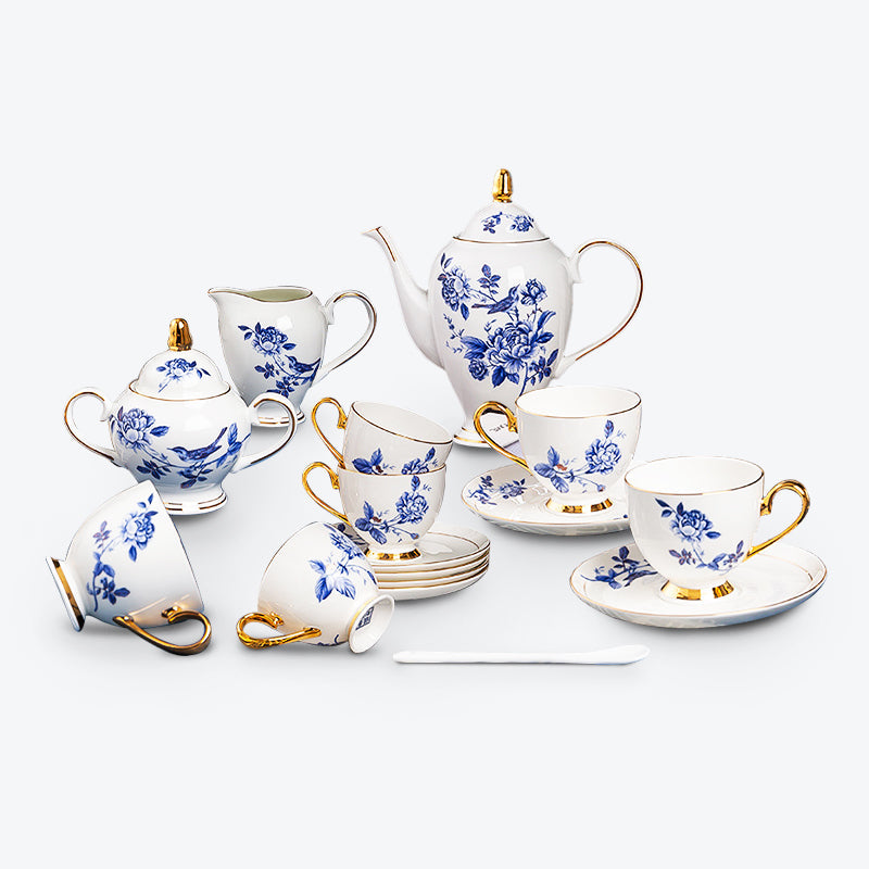 Blue Flower and Bird Bone China Tea Set