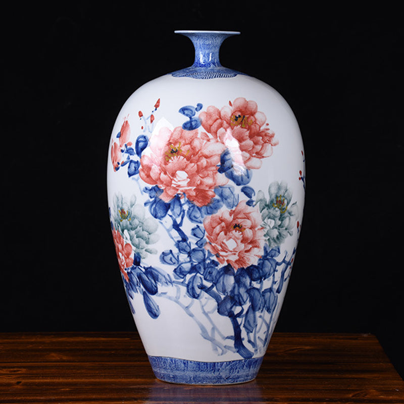 Blue And White Hand Painted Red Flower Floor Vase