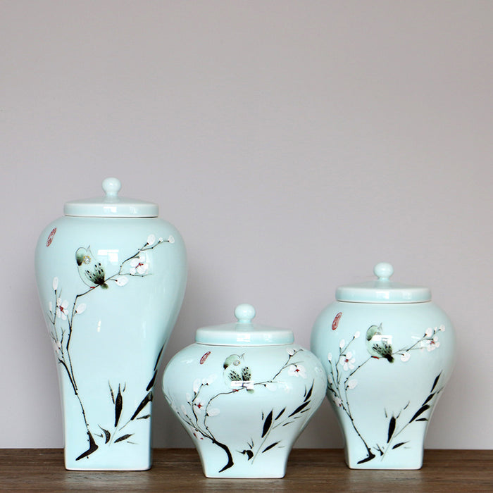 Hand-Painted Bird Design Porcelain Jar