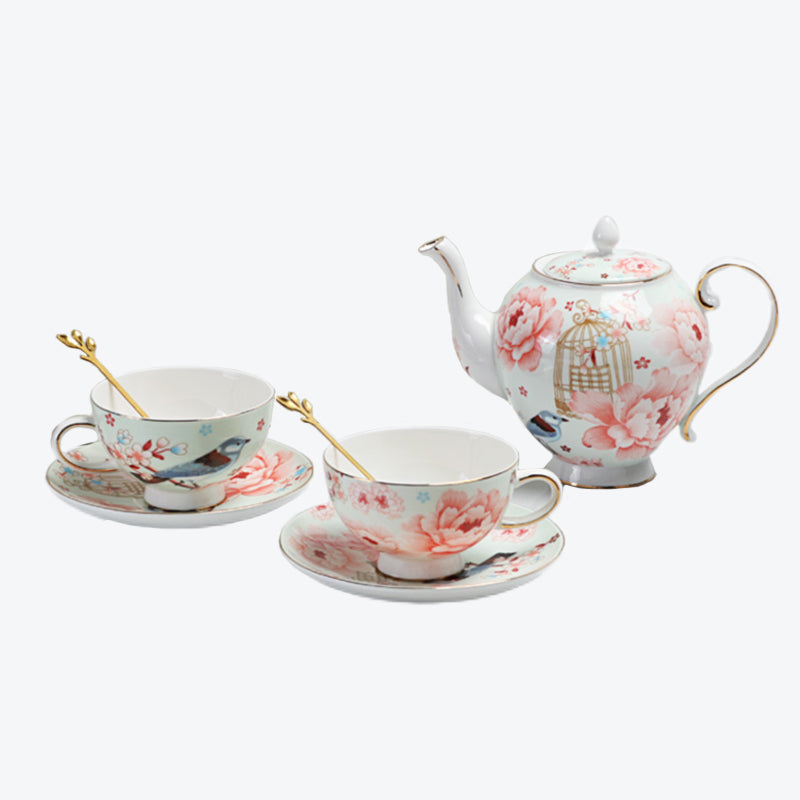 British Flower Gilt Bone China Tea Set