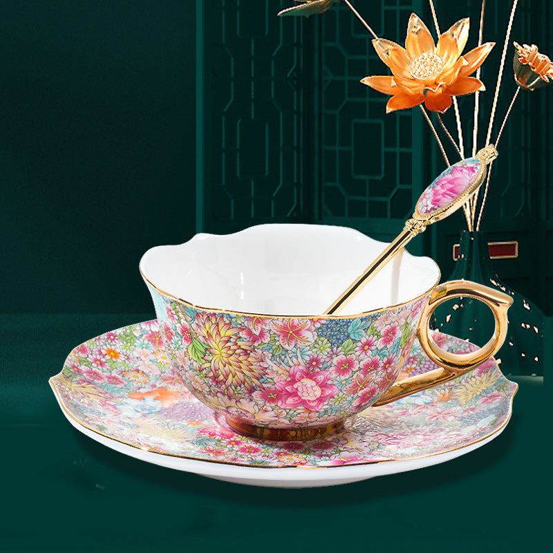 Enamel Wanhua Tea Cup And Saucer Set