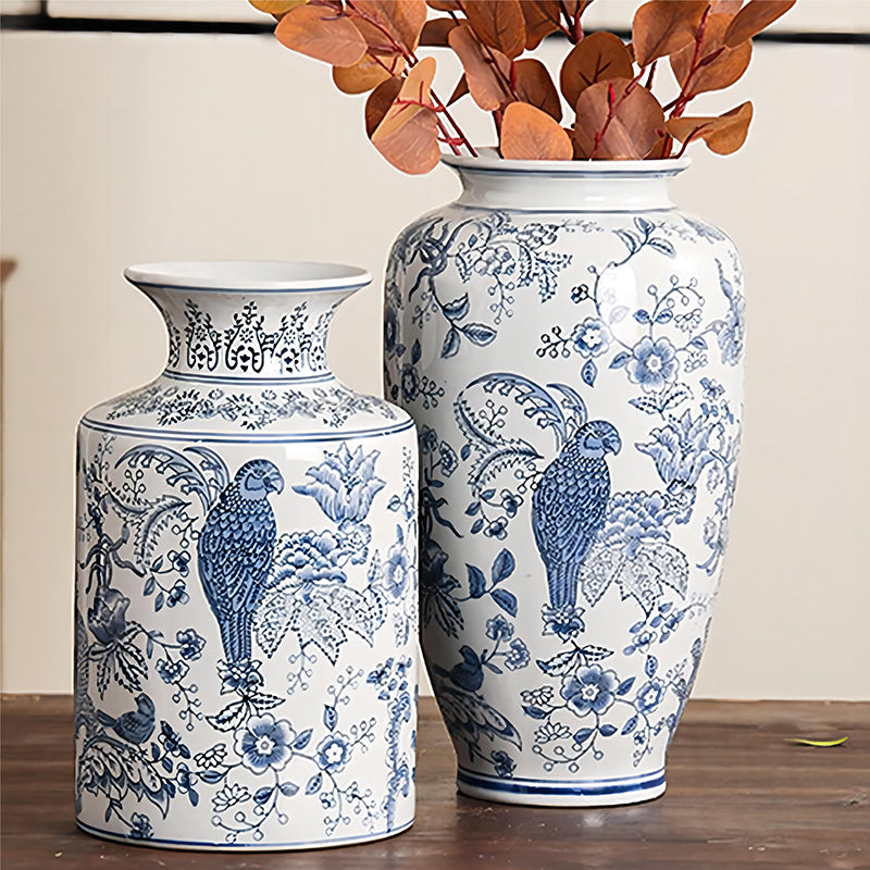 Hand Painted Parrot Blue and White Porcelain Vase