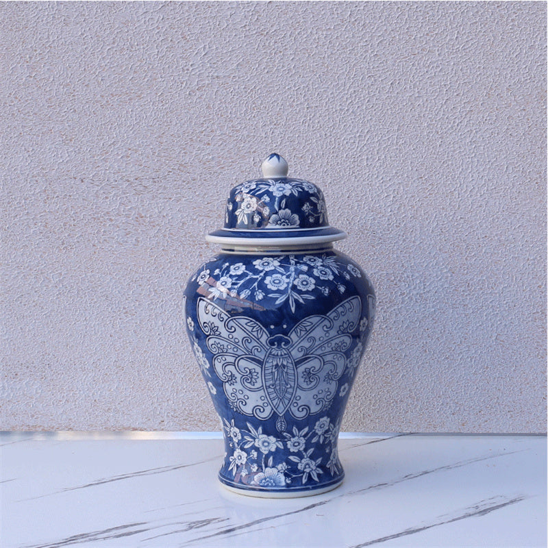 Butterfly Blue and White Porcelain Ginger Jar