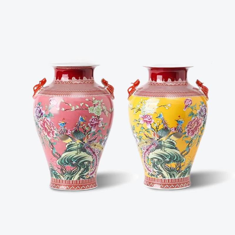 Amphora Flower and Bird Chinoiserie Porcelain Vase