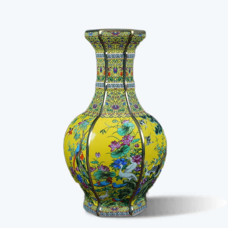 Hand-Painted Flower and Bird Enamel Vase