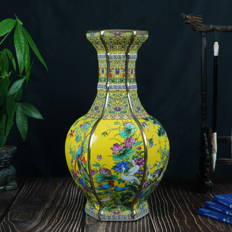 Hand-Painted Flower and Bird Enamel Vase