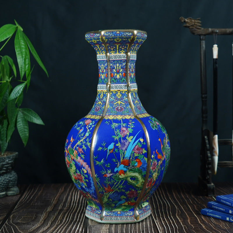 Hand-Painted Flower and Bird Enamel Vase