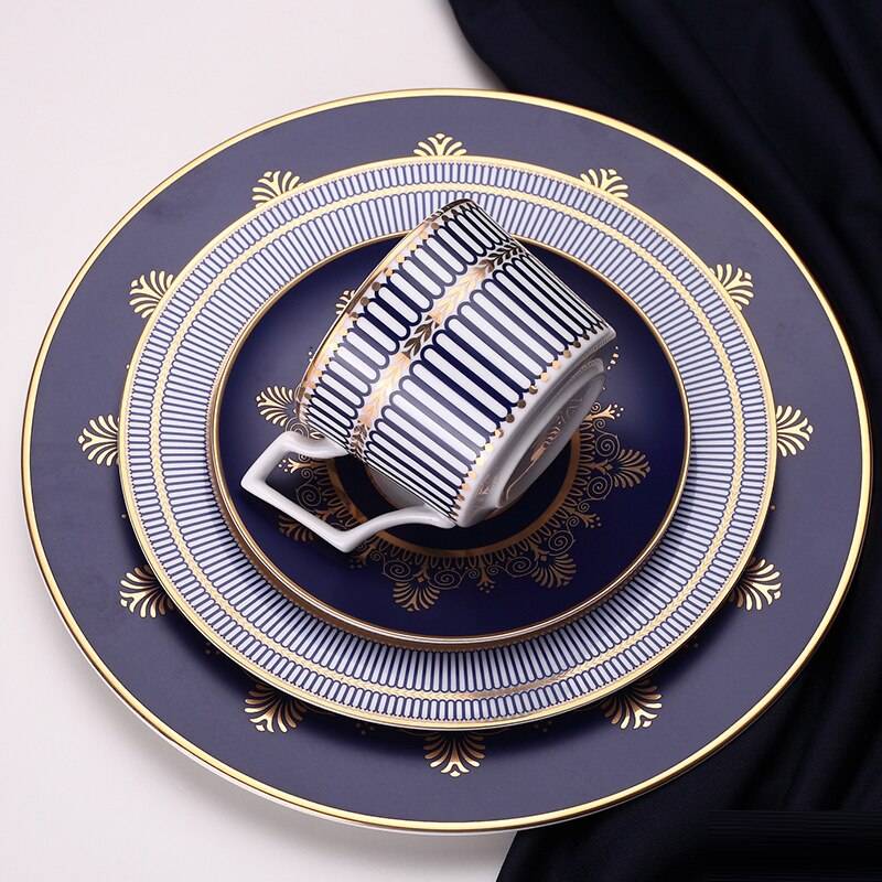 Blue Stripes Gold Rim Bone China Dinner Set with Coffee Cup,Dinner Plate