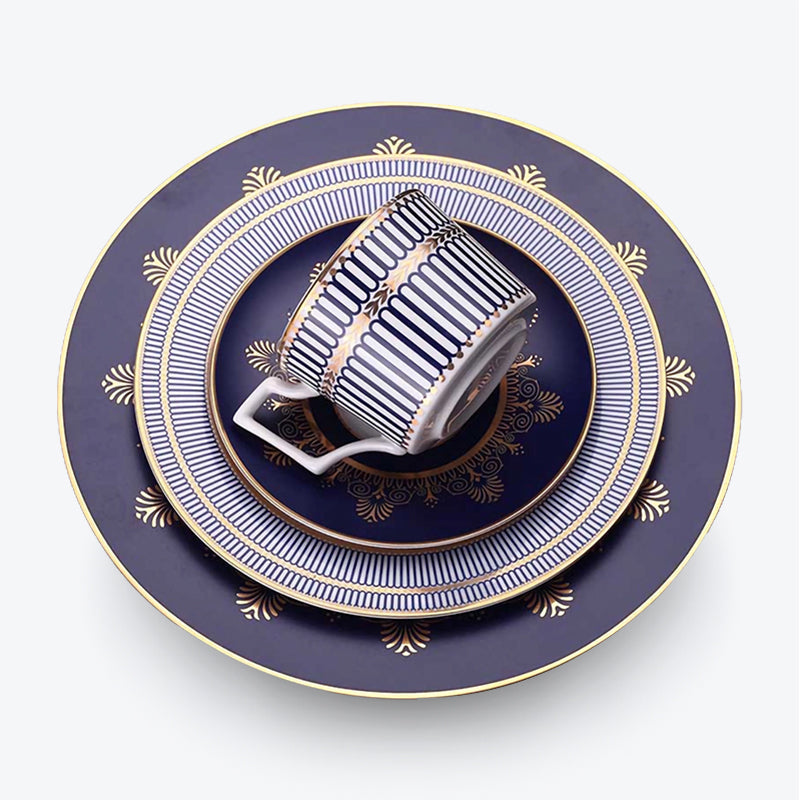 Blue Stripes Gold Rim Bone China Dinner Set with Coffee Cup,Dinner Plate