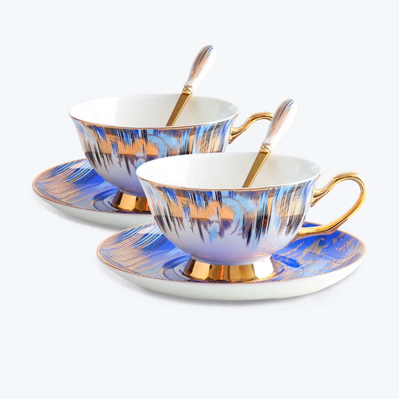 Royal Auroral Design Bone China Coffee Cup and Saucer Set of 2