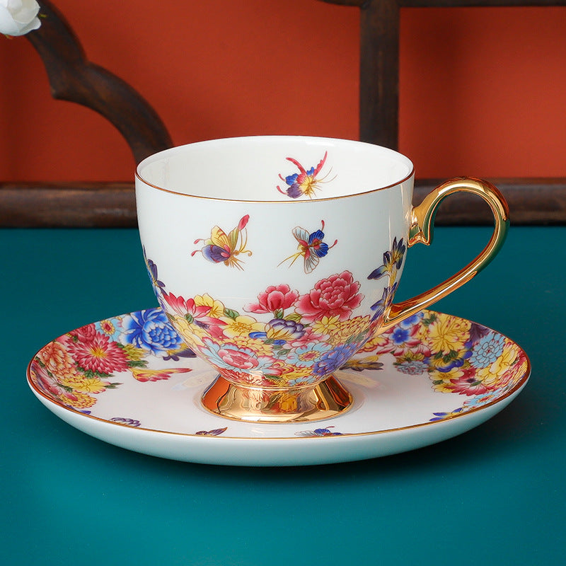 Bone China Bird and Flower Enamel Cup and Saucer Set of 2