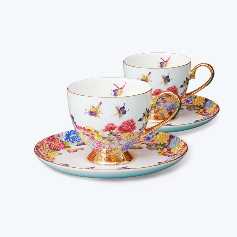 Bone China Bird and Flower Enamel Cup and Saucer Set of 2