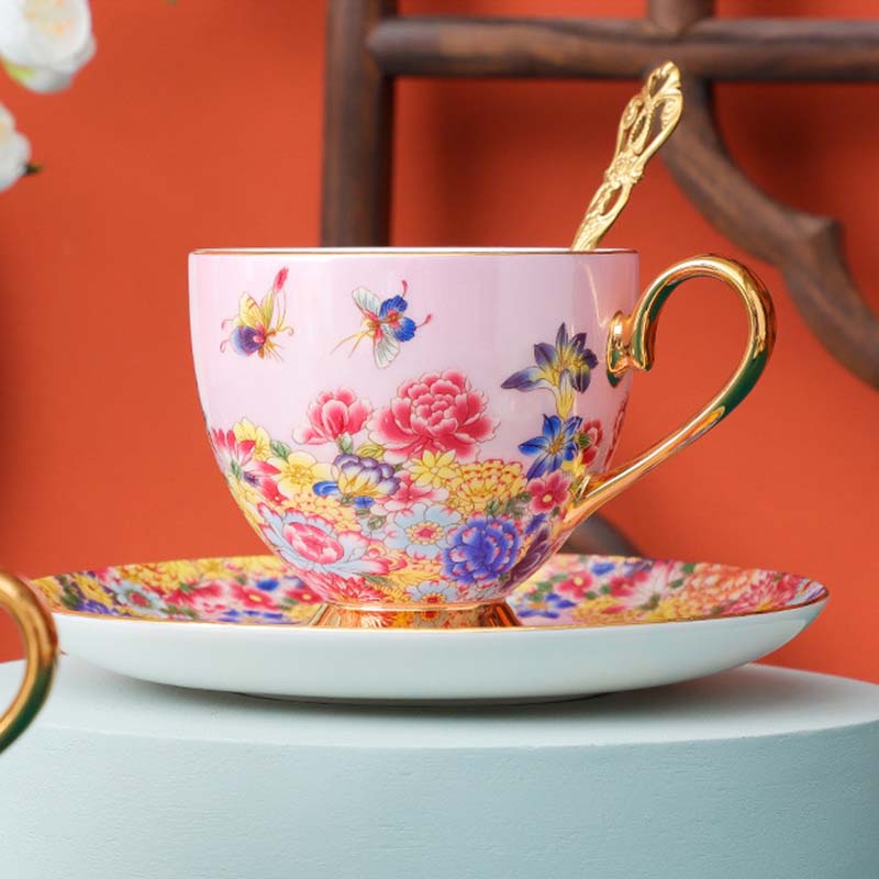 Bone China Bird and Flower Enamel Cup and Saucer Set of 2 – Xporcelain