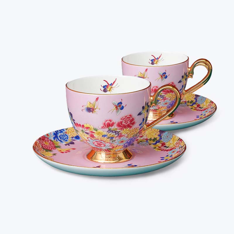 Bone China Bird and Flower Enamel Cup and Saucer Set of 2