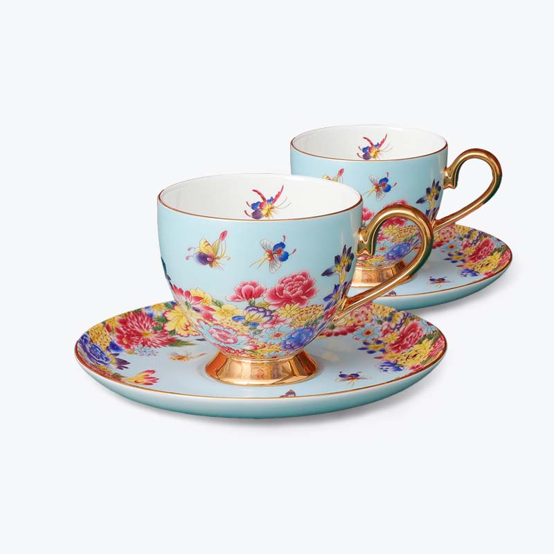 Bone China Bird and Flower Enamel Cup and Saucer Set of 2