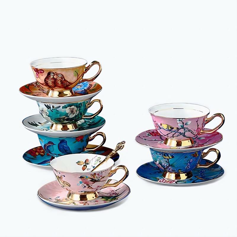 Garden Birds Bone China Ceramic Coffee Cup and Saucer Set of 6