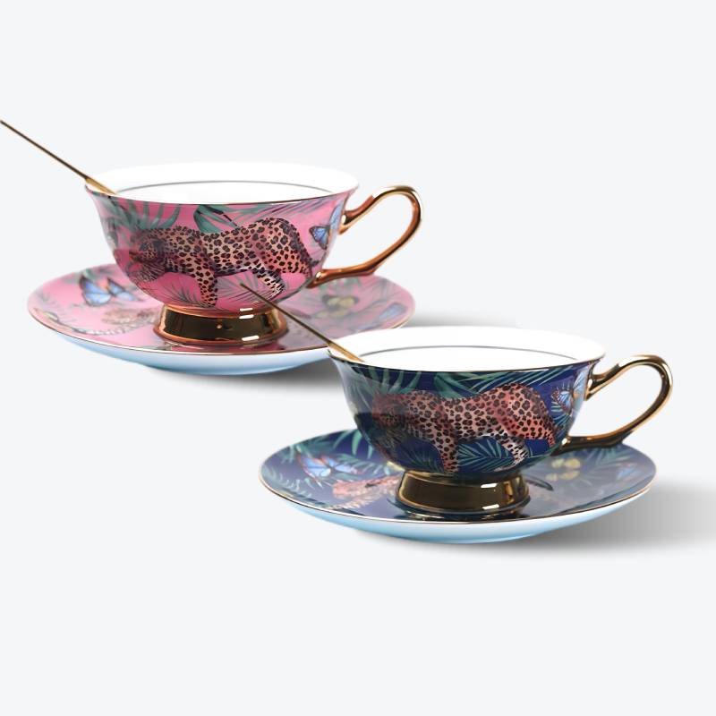 Leopard Golden Rim Bone China Coffee Cup Set