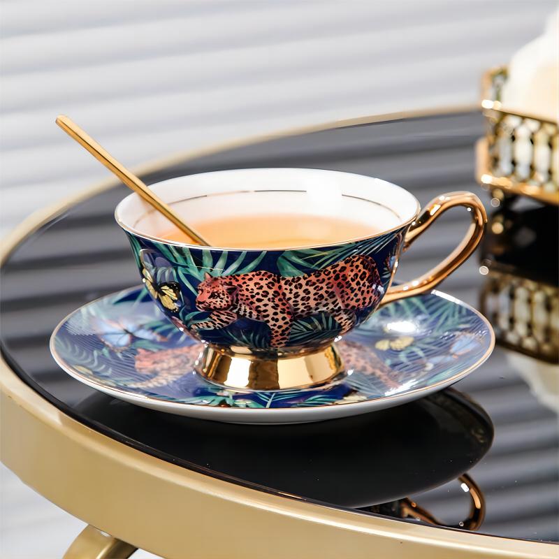 Leopard Golden Rim Bone China Coffee Cup Set