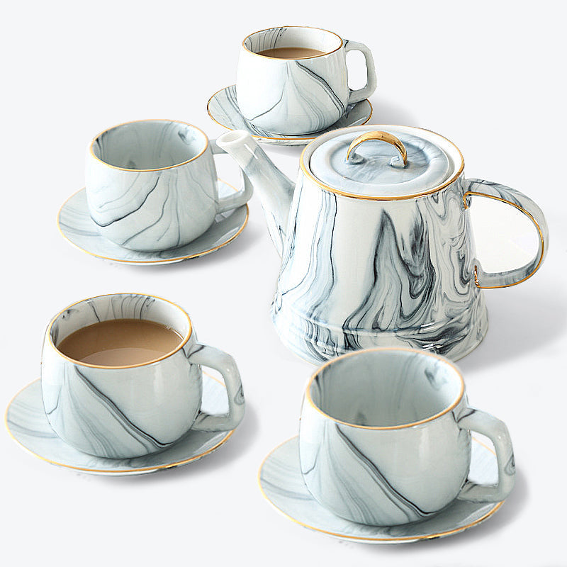 Gold Trim Marbling Ceramic Tea Set