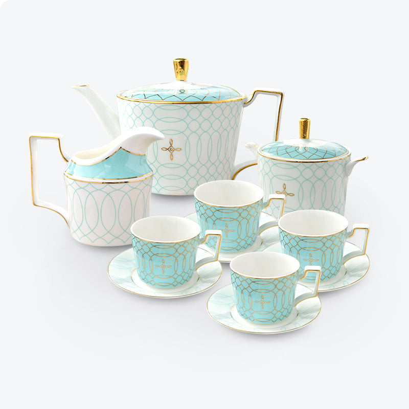 Light Blue Plaid Gold Trim Ceramic Tea Set