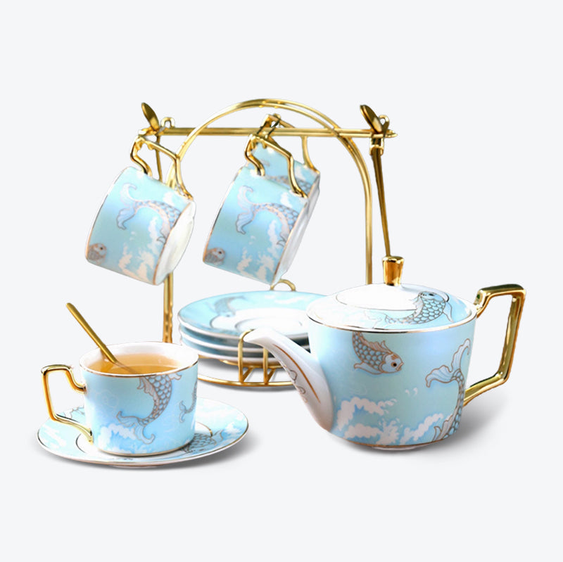 Carp Pattern Gold Trim Frosted Ceramic Tea Set