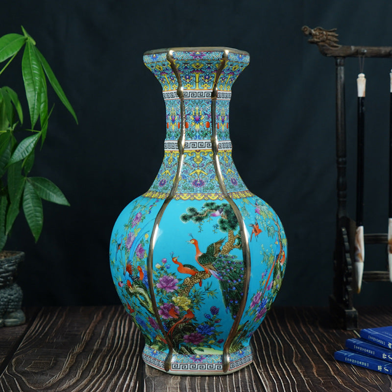 Hand-Painted Flower and Bird Enamel Vase